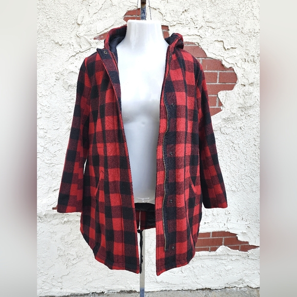 Large LEVI'S red black Buffalo plaid checkers hooded coat jacket quilted lining - Picture 14 of 16